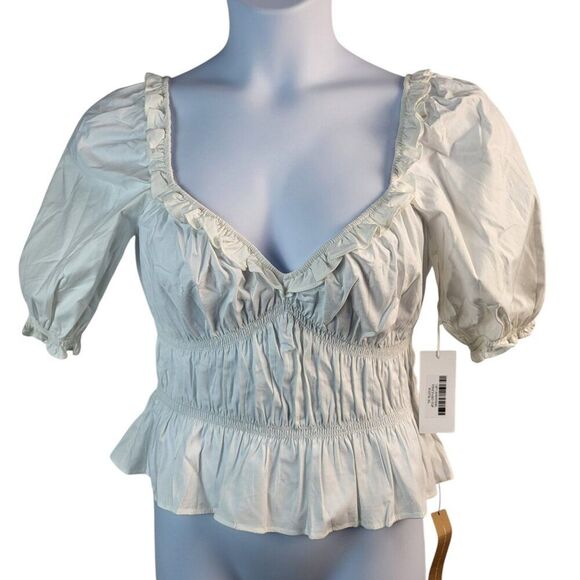 NEW Reformation X-Large White Cotton Blouse Sweetheart Neck Peplum Shirred - Picture 5 of 16